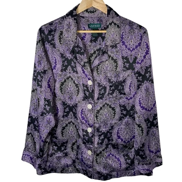 Lauren Ralph Lauren Purple Black Paisley Silky Pajama Set Size Large - Picture 2 of 13